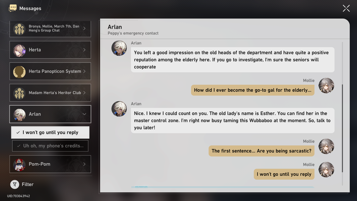Honkai: Star Rail text messages.
