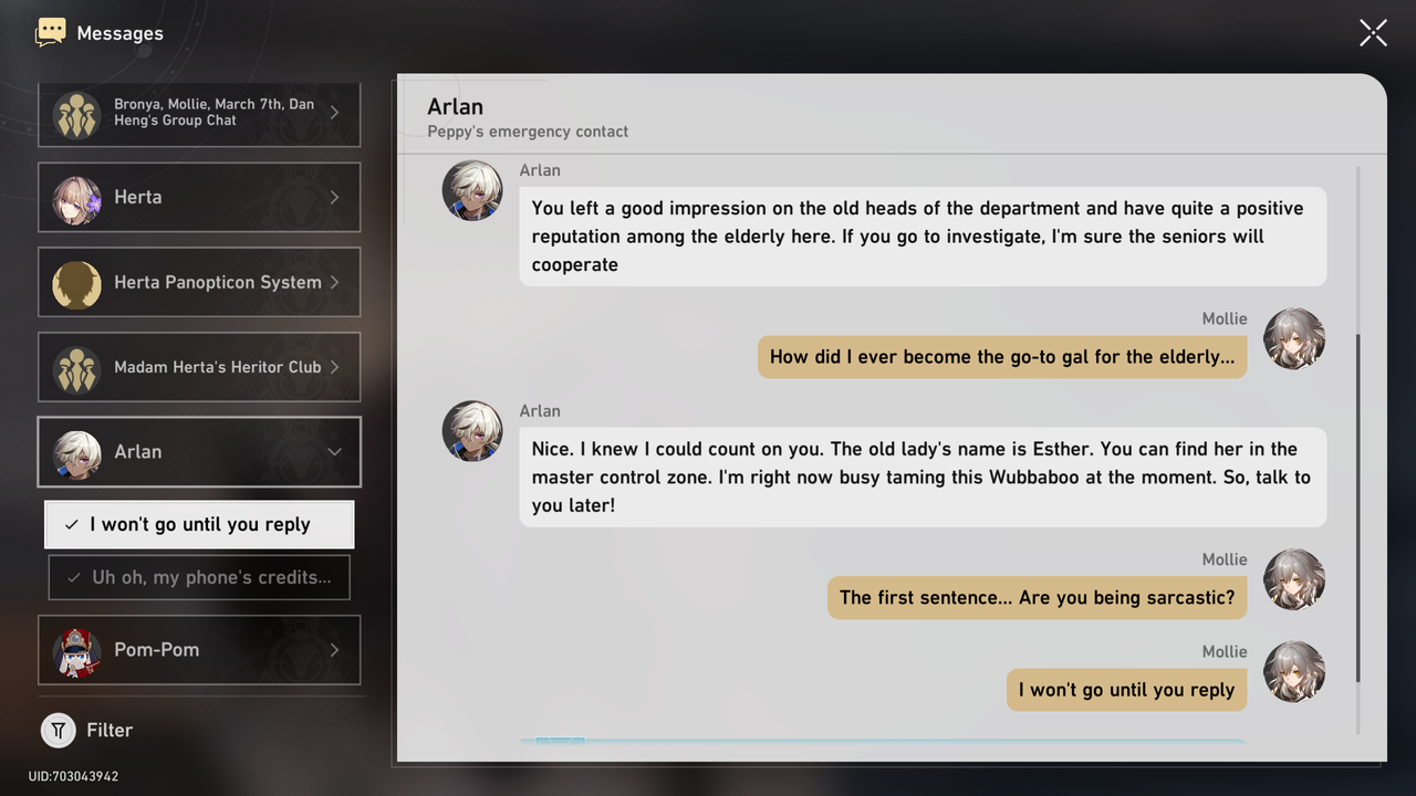 Honkai: Star Rail text messages.