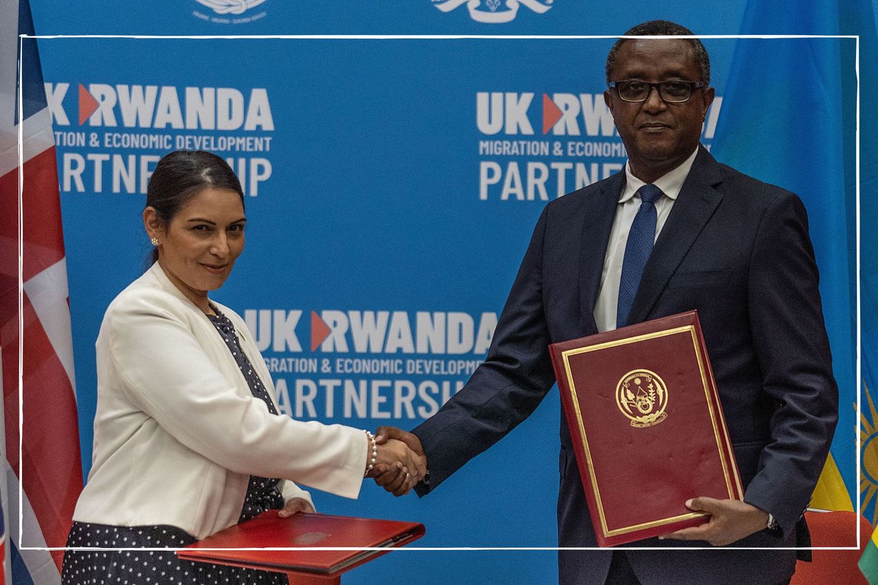 Priti Patel signing the Rwanda deportation plan and shaking hands with Vincent Biruta in Rwanda 