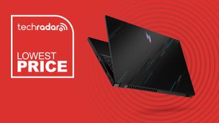 The Acer Nitro V 15 gaming laptop on a red background with the text 'LOWEST PRICE'.