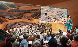 Visualization of the main concert hall in the London Centre in the back. In the front, the ’education pod' is shown, with a woman pointing to a screen with information and children sitting in front of it with tablets in their hands.