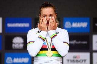World Champion Zoe Backstedt of United Kingdom cries of emotion on the podium during the medal ceremony 