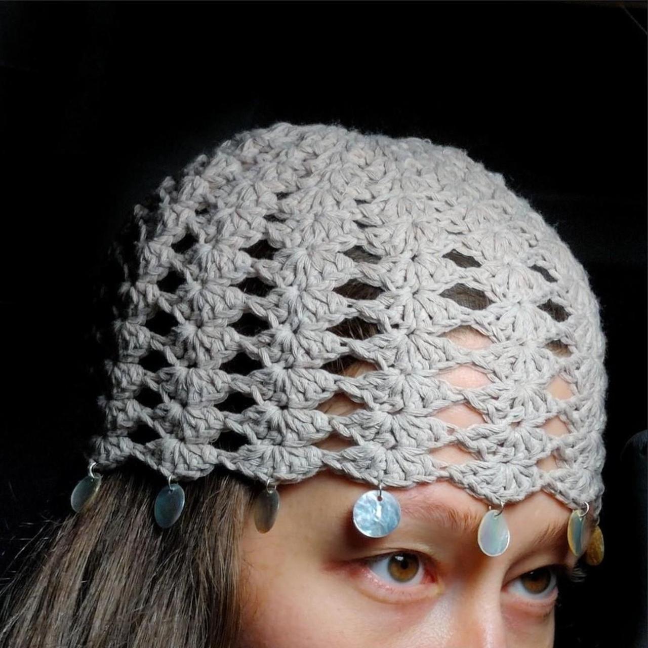 Crochet Hat With Dangling Mother of Pearl...