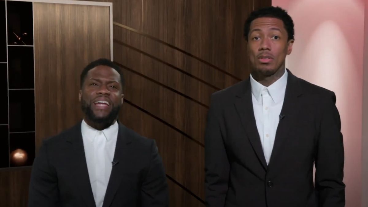 Kevin Hart and Nick Cannon in suits for Celebrity Prank Wars 