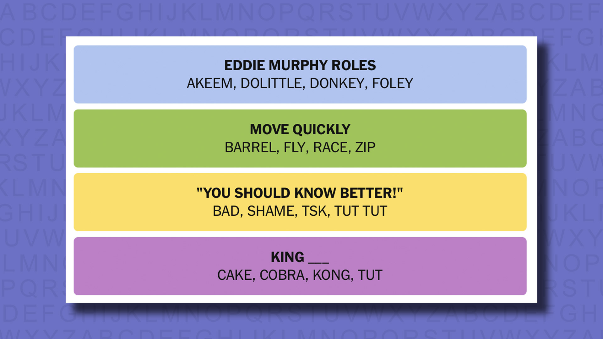 NYT Connections answers for game 822 on a purple background