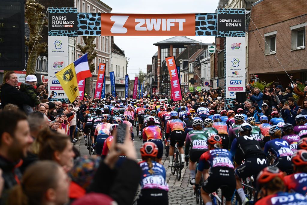 DENAIN FRANCE APRIL 08 A general view of the peloton competing prior to the 3rd ParisRoubaix Femmes 2023 a 1454km one day race from Denain to Roubaix UCIWWT on April 08 2023 in Denain France Photo by Tim de WaeleGetty Images