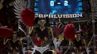 Skeleton cheerleaders wave their pom-poms