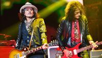 Johnny Depp and Joe Perry of Hollywood Vampires perform at The O2 Arena on July 09, 2023 in London, England