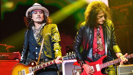 Johnny Depp and Joe Perry of Hollywood Vampires perform at The O2 Arena on July 09, 2023 in London, England