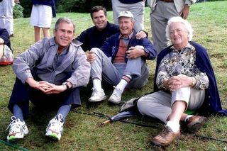 The Bush family,(L-R) the thenTexas Governor and presidential candidate George W., Florida Governor Jeb, former US president George and his wife Barbara at the Ryder Cup of 1999. Credit: Getty Images