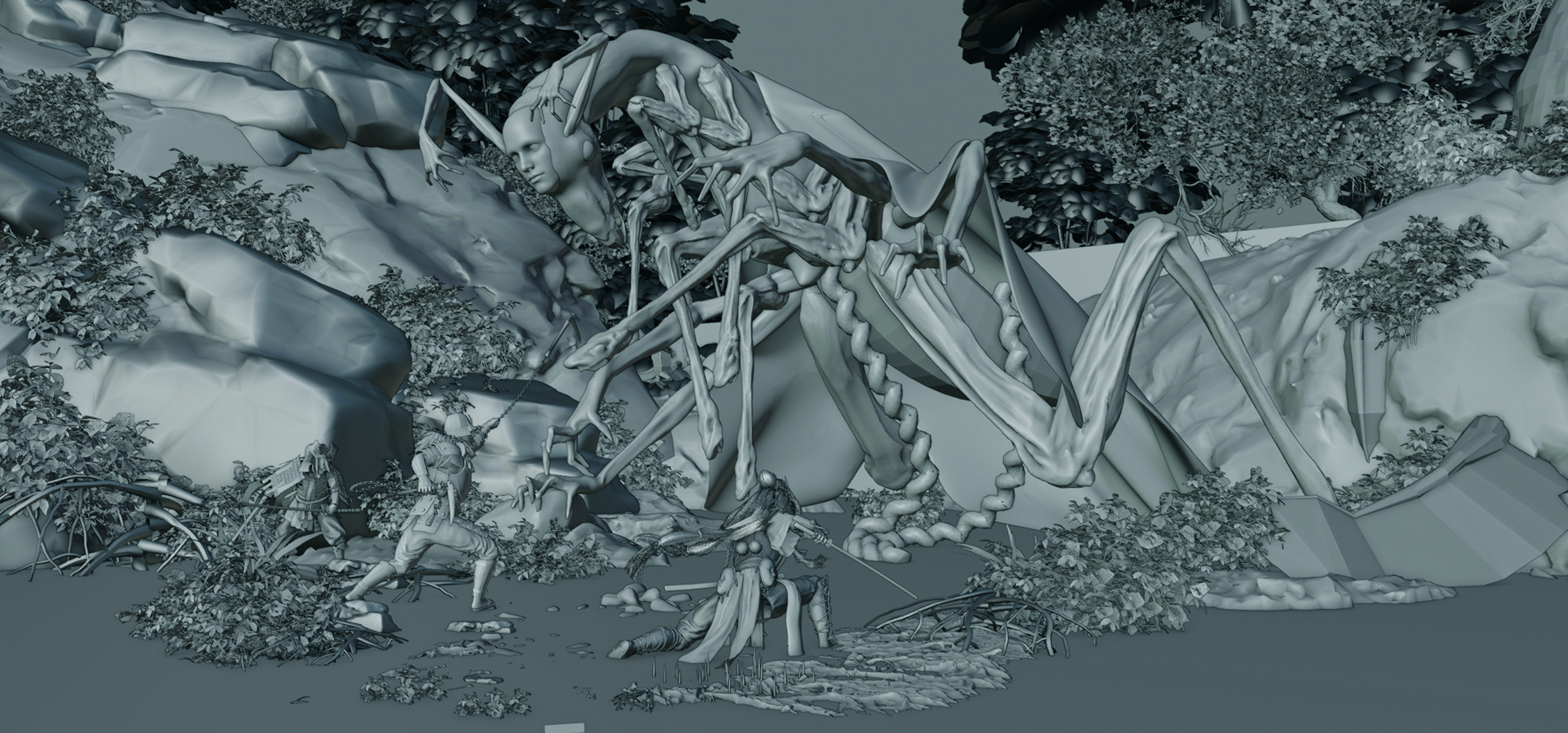 A 3D mock up for digital art showing a battle scene