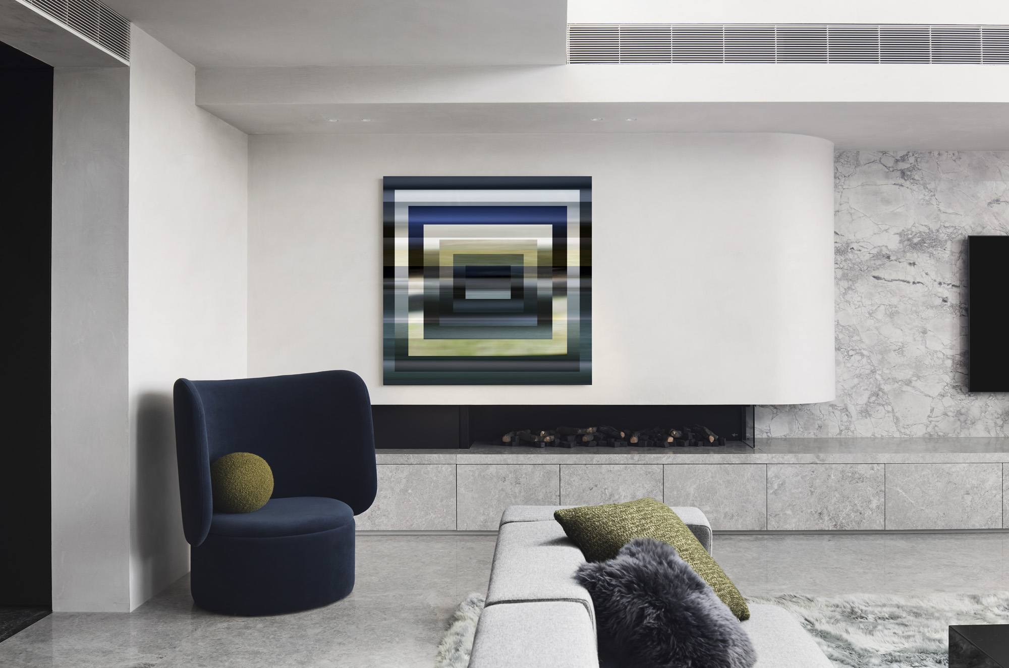 seating and sculptural fireplace at Curatorial House in Melbourne