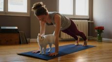 A woman in sportswear holds a high plank position in a domestic sitting. A white cat stands between her hands.