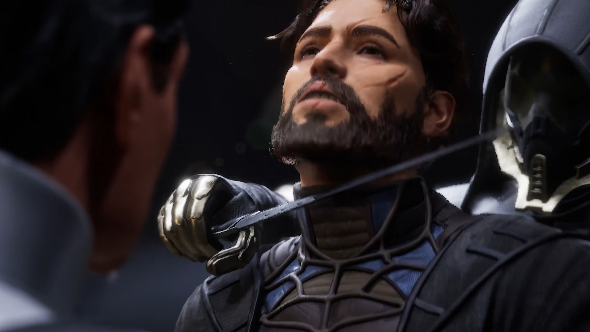 The player character is held at knife point in Dune Awakening, during a story cutscene