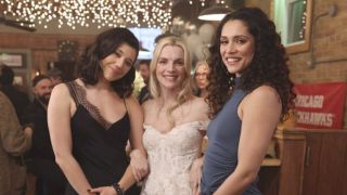 Hanako Greensmith, Kara Killmer, and Miranda Rae Mayo in Chicago Fire Season 12x06 Brettsey Wedding