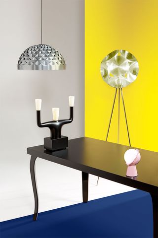 ‘Superform’ lamp, ‘Pitagora’ lamp, both by Richard Hutten. ‘Daisy’ lamp, by Nika Zupanc. ‘BB’ table, by Marcel Wanders. ‘Guru’ lamp, by Andrea Branzi