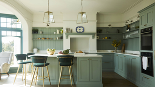 Olive & Barr Shaker Kitchen in green with breakfast bar and stools