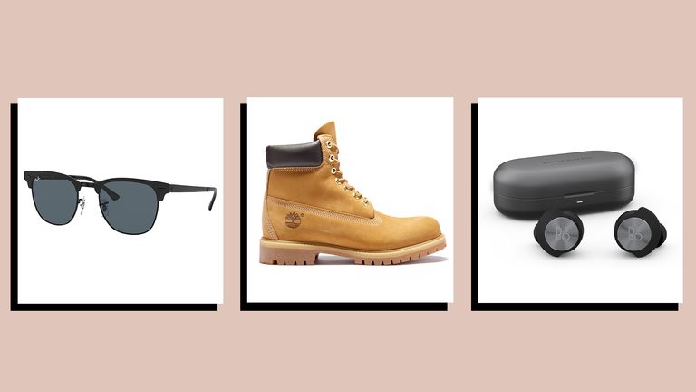 images of three of the best Christmas gifts for husbands—Ray-Ban sunglasses, Timberland boots and a Bang & Olufsen earphones—on a beige background
