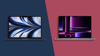 Ein MacBook Air und ein MacBook Pro vor einem zweifarbigen Hintergrund