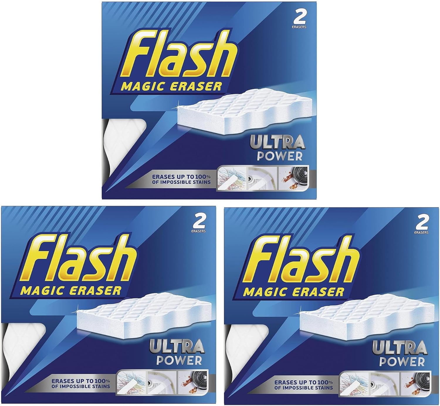 6 X Flash Magic Eraser Ultra Power -No Chemicals Needed - Removes Scuffs, Crayon, Grease and Grimes (pack of 3)