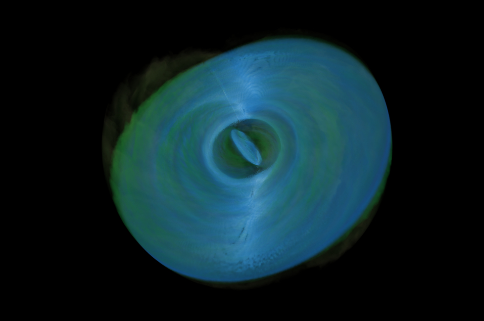 Simulación de agujeros negros supermasivos que consumen discos gaseosos.  principalmente verde y azul.