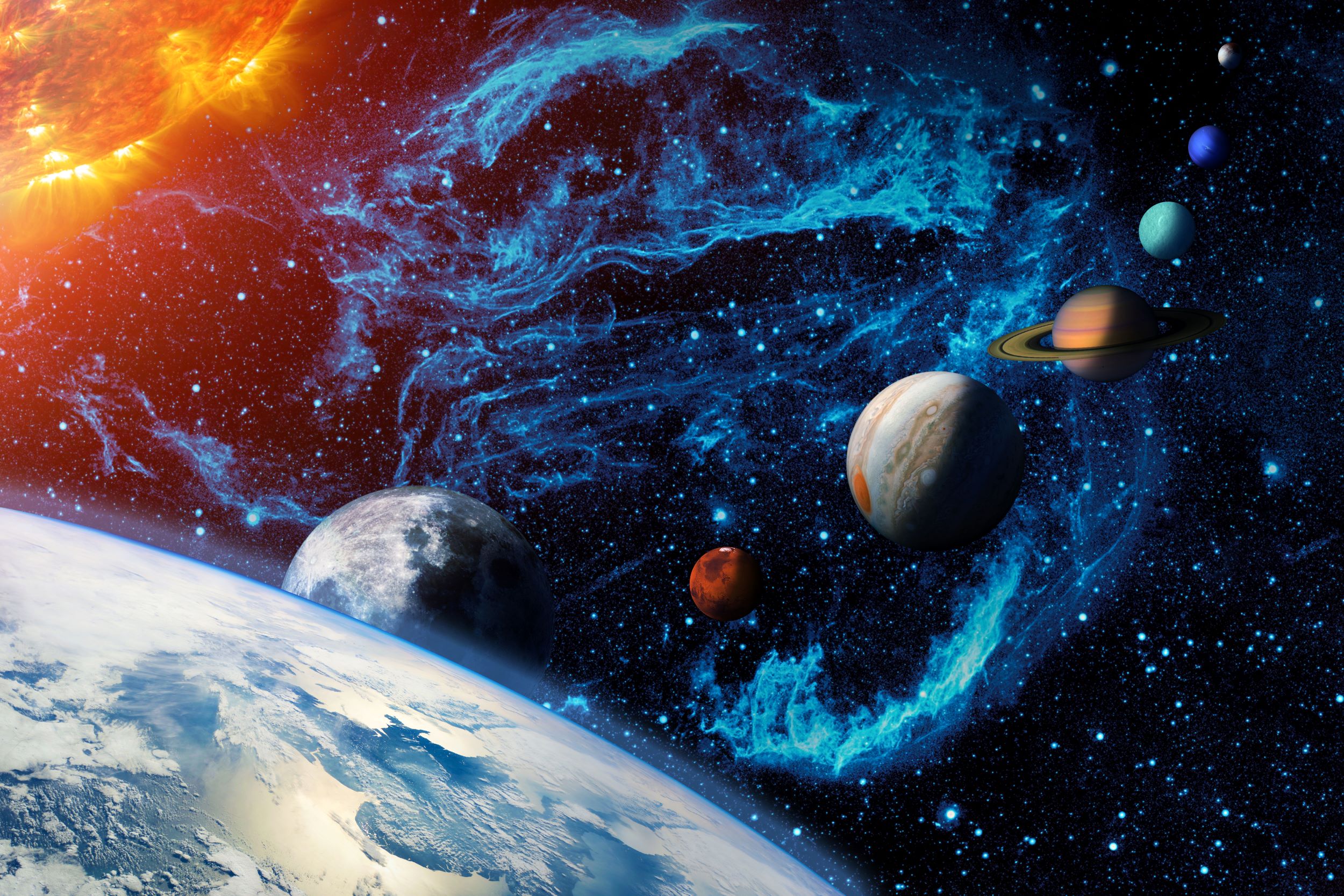 digital illustration of the solar system with Earth in the foreground and the sun in the upper left.