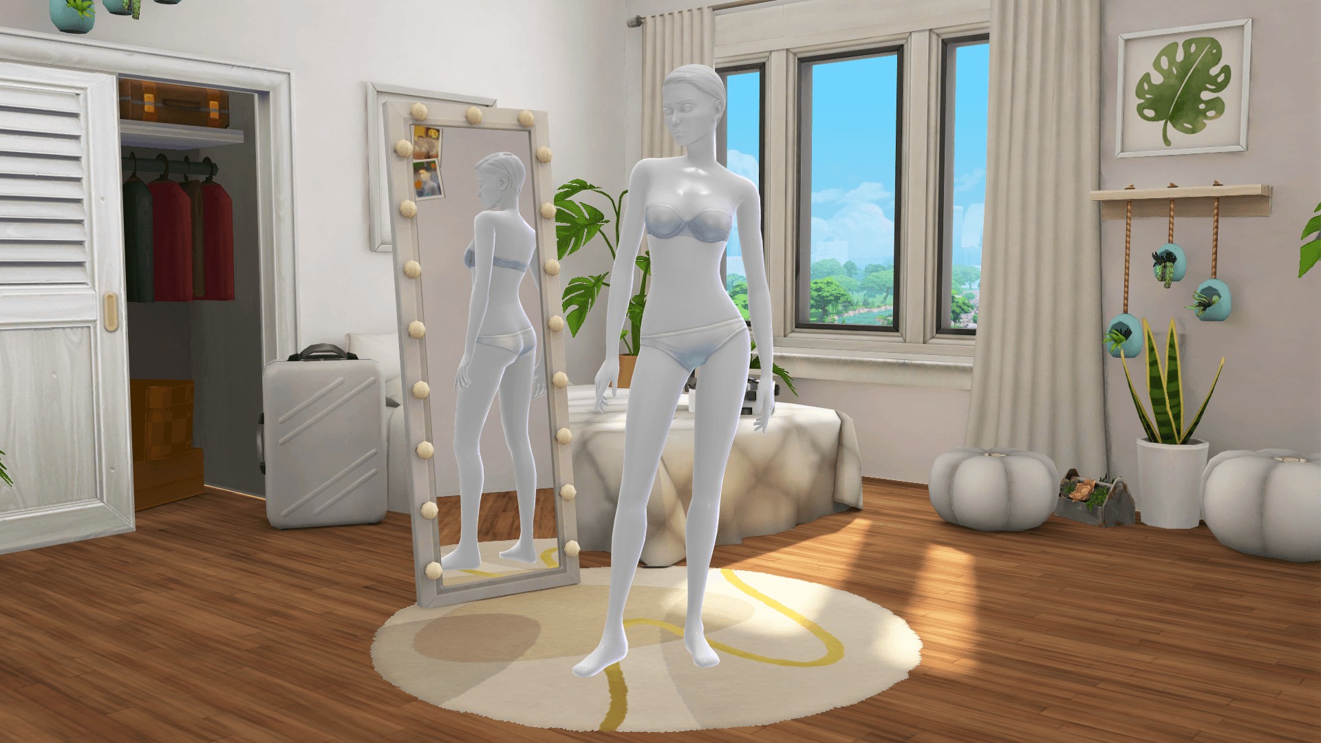 The Sims 4 mod Pure Love CAS background replacement by Simsiboy on CurseForge. The room has a medium toned wooden floor with all white furniture, walls, and decor with only small pops of color. There's an abundance of light with three long windows in the background.