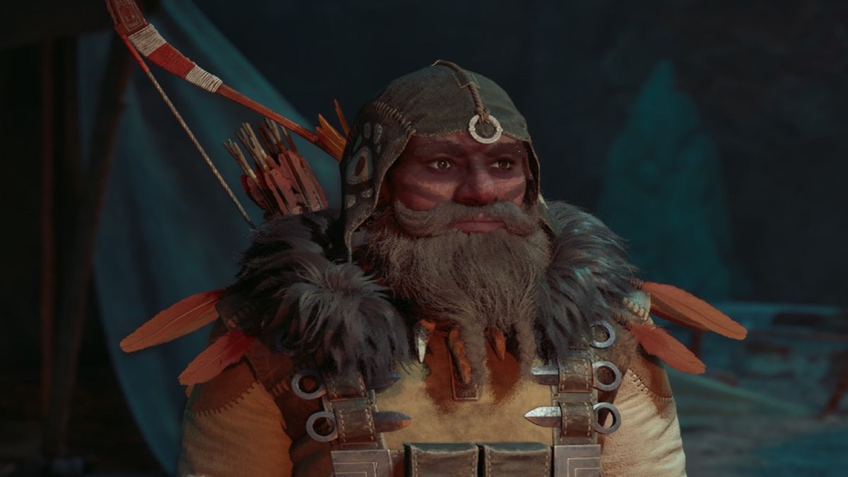 Avowed screenshot of dwarven companion Marius who wears a bow at his back