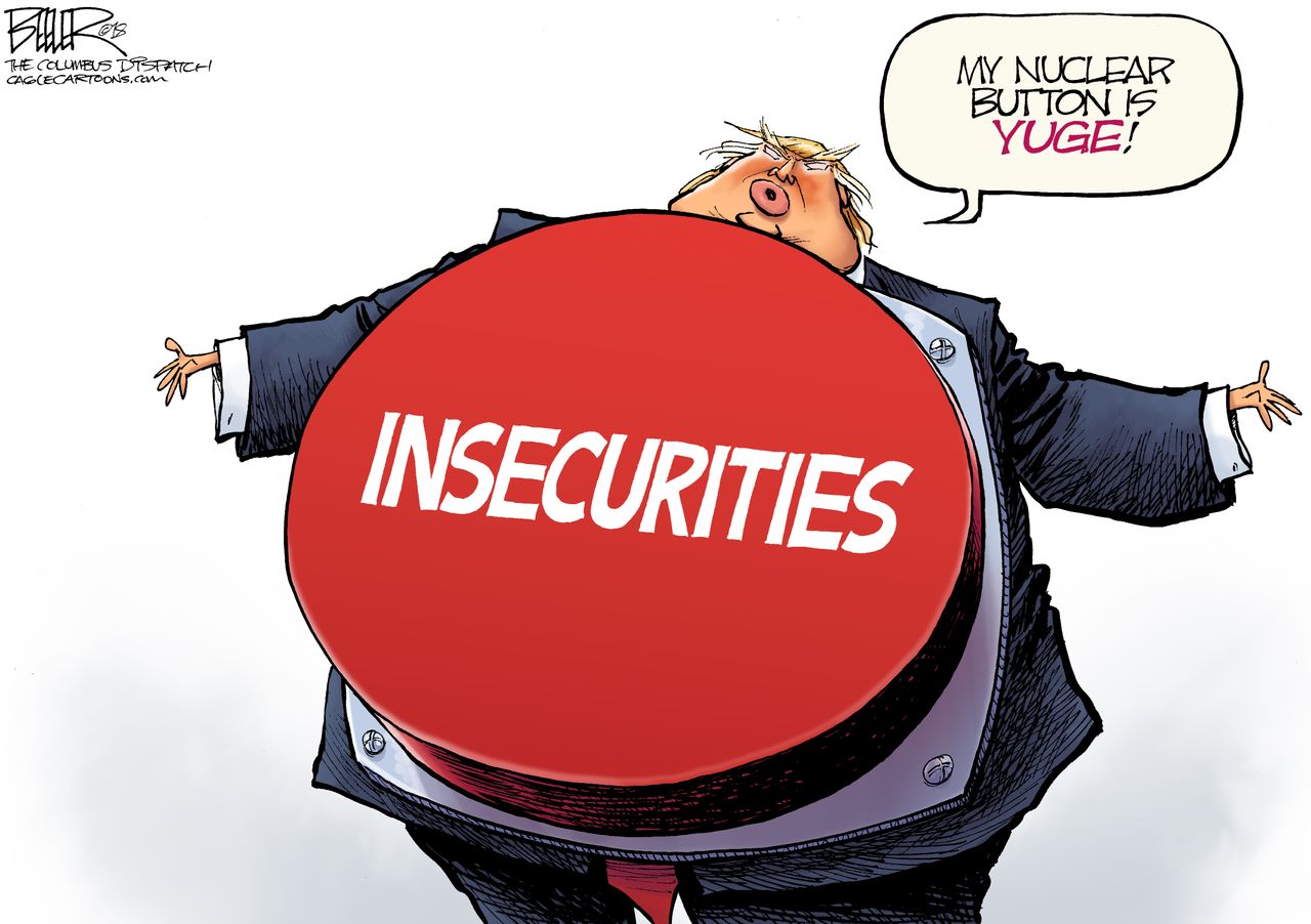 Political cartoon U.S. Trump nuclear weapons bigger button