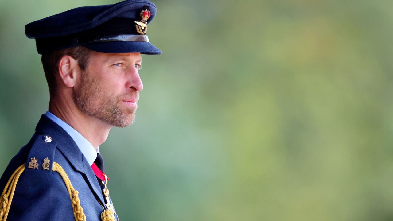 Prince William standing against a green background wearing a military uniform and smirking