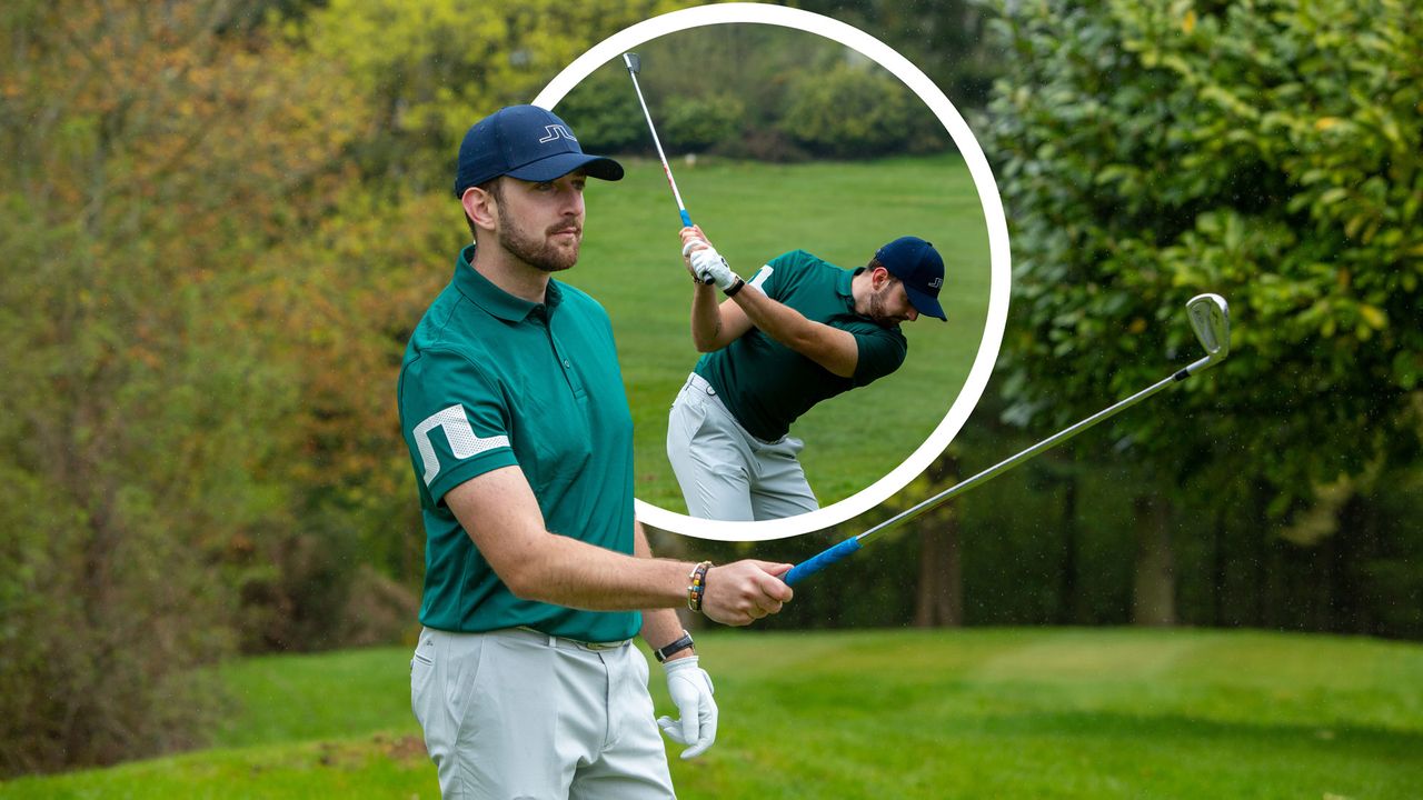 Golfer holding an iron in his hand for alignment when preparing to hit a golf shot, and an inset image of him hitting the golf shot