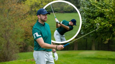 Golfer holding an iron in his hand for alignment when preparing to hit a golf shot, and an inset image of him hitting the golf shot