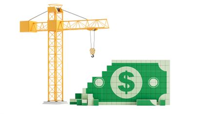 An illustration of a crane appearing to be helping to build a dollar bill.