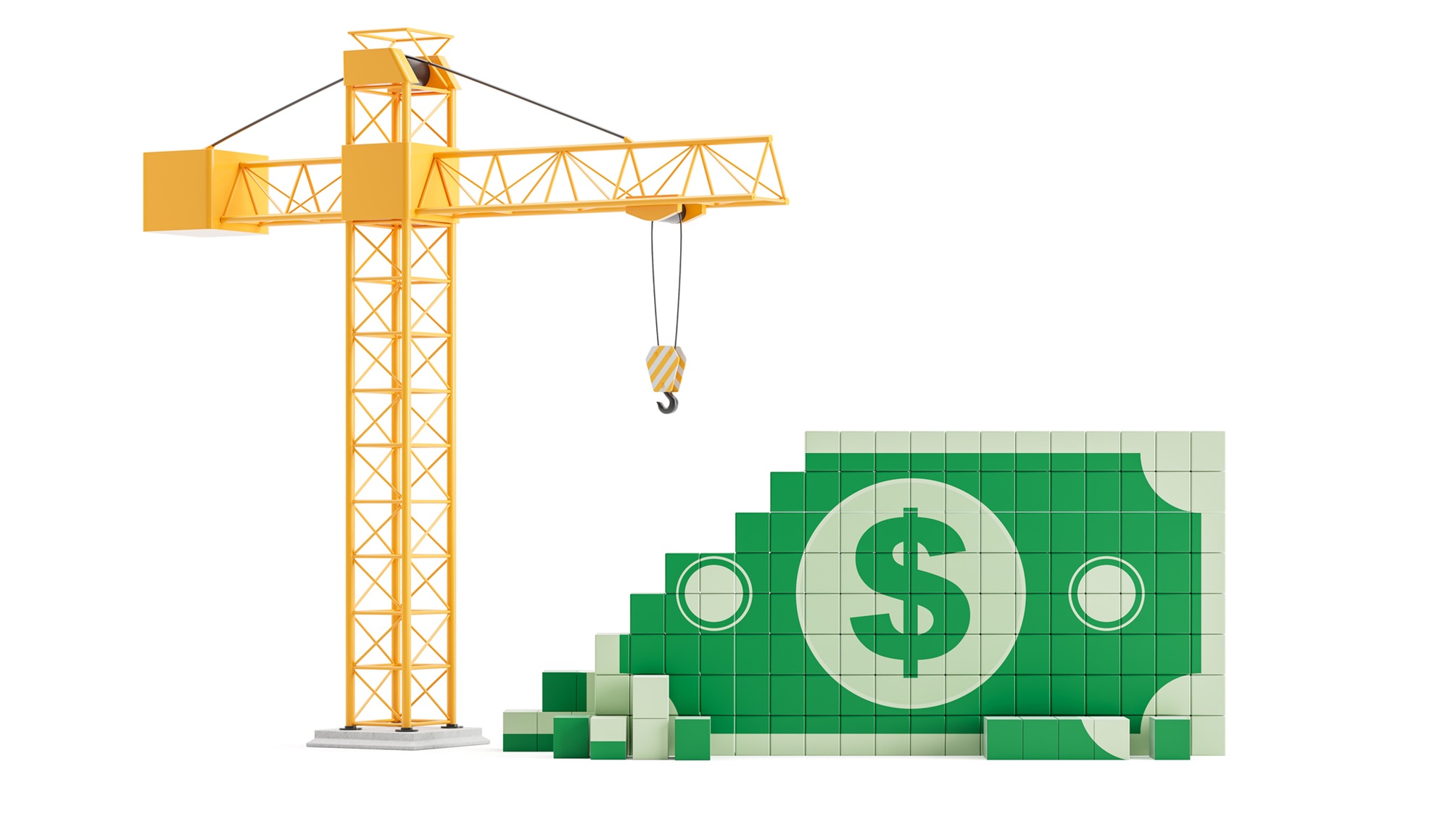 An illustration of a crane appearing to be helping to build a dollar bill.