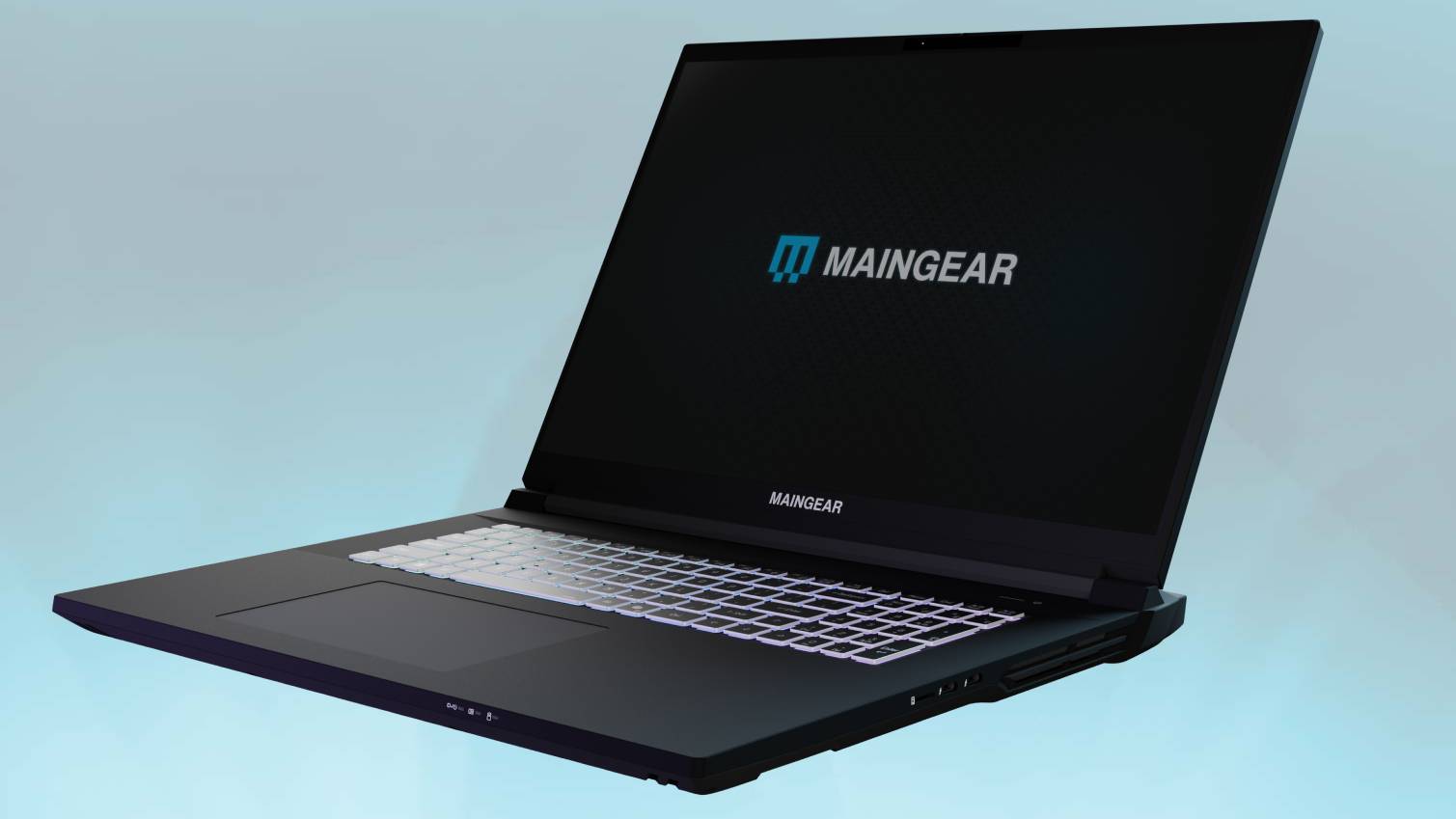 Maingear Ultima 18 open at side angle on abstract blue background