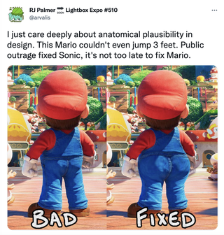 A fan-made edit of an official image of Super Mario with the buttocks enlarged