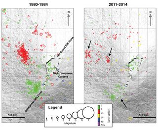 Earthquake maps of Mauna Loa. Black arrows mark earthquake swarms that have been recorded in the past 13 months.