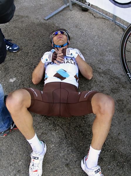 Rinaldo Nocentini (AG2R La Mondiale) recovers from from his effort which garnered the Italian a 7th place finish.