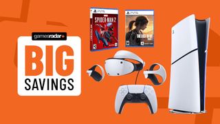 PS5 hardware and games on an orange background with big deals badge