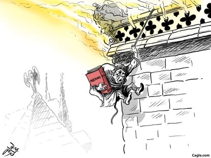 Editorial Cartoon World escape of the Hunchback of Notre Dame fire
