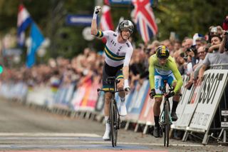 Australia’s Rohan Dennis takes the 2019 elite men’s time trial title at the World Championships in Yorkshire, in the UK, catching Slovenia’s Primoz Roglic, who’d started three minutes in front of him, on the line