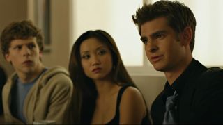 From left to right: Jesse Eisenberg, Brenda Song and Andrew Garfield in The Social Network.