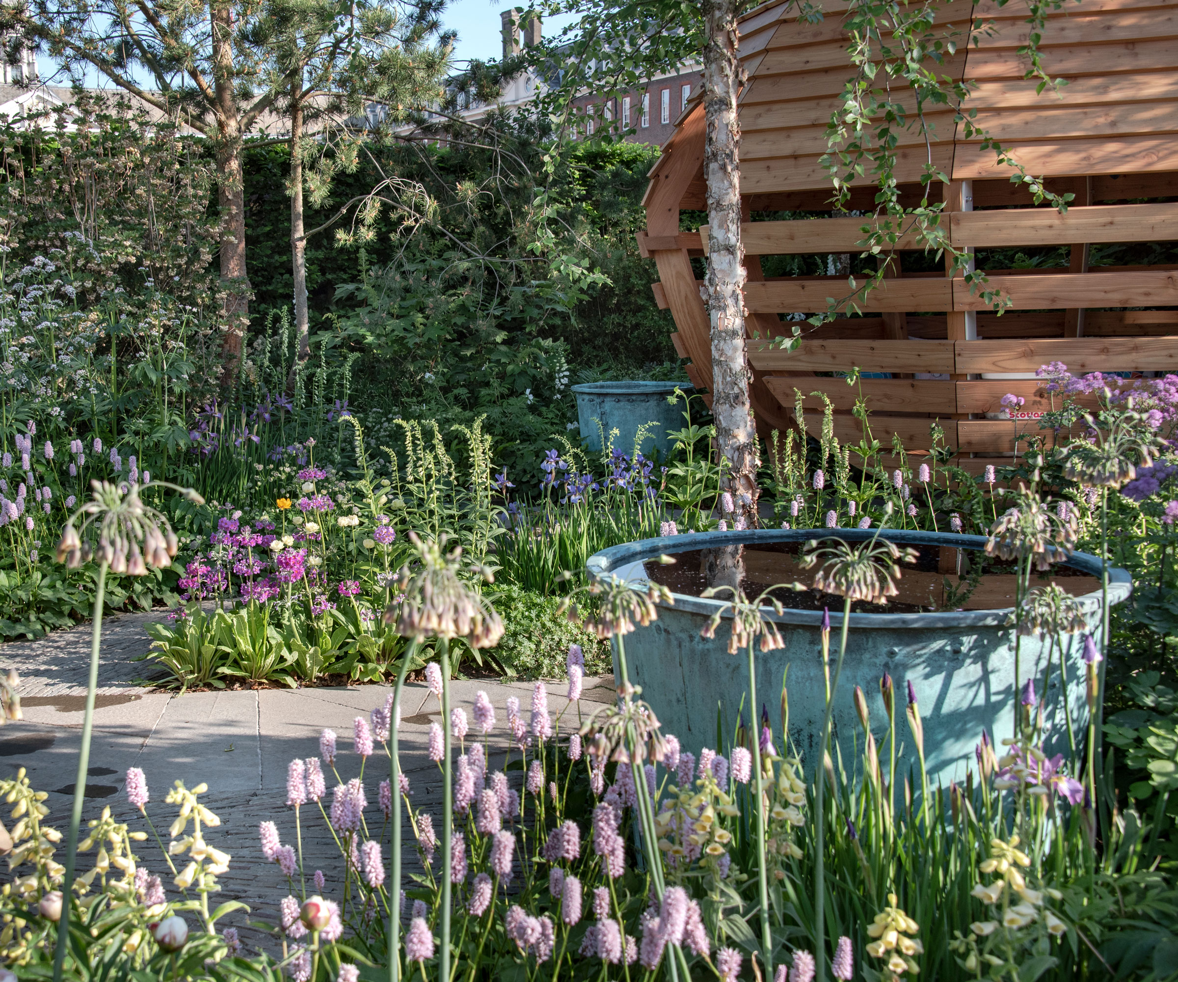 wooden garden studio pod with screening hedge, water feature and planting