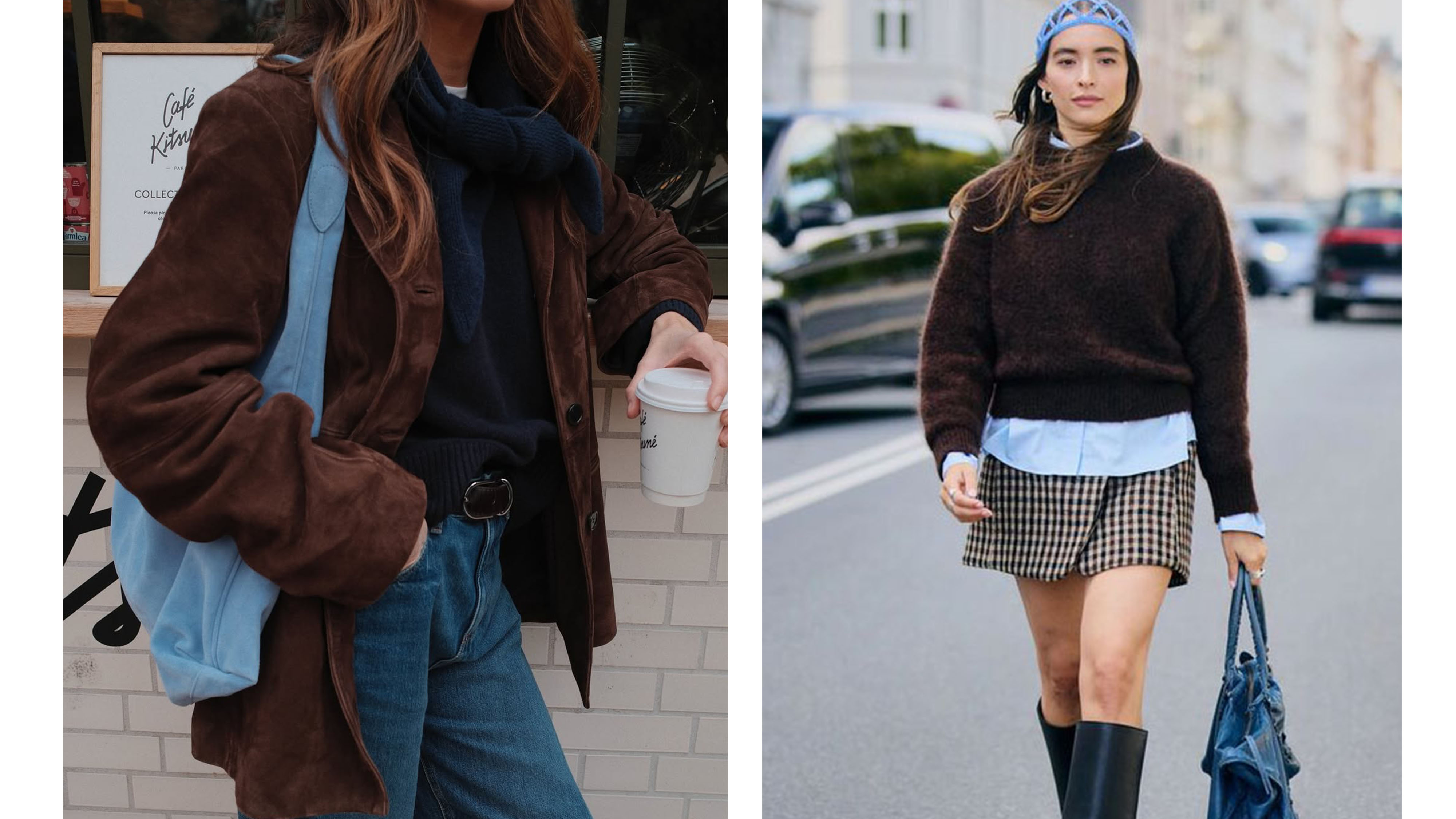 Woman in brown suede blazer and blue suede bag; Woman in brown sweater and blue button-down shirt