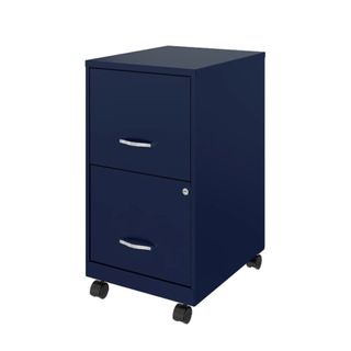 A rectangular navy blue set of drawers with metal handles and black wheels