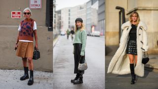 A composite of street style influencers showing winter outfit ideas skirts and boots