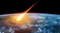 A burning meteor flying past Earth 