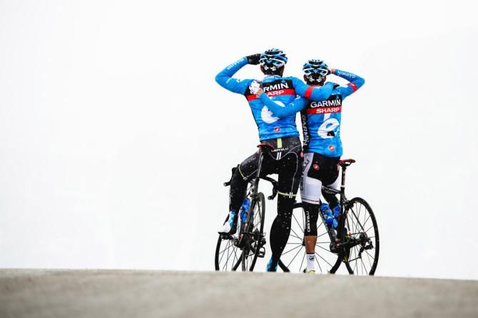 Garmin-Sharp's Alex Rasmussen and Dan Martin stop to enjoy the view atop the Passo Giau.