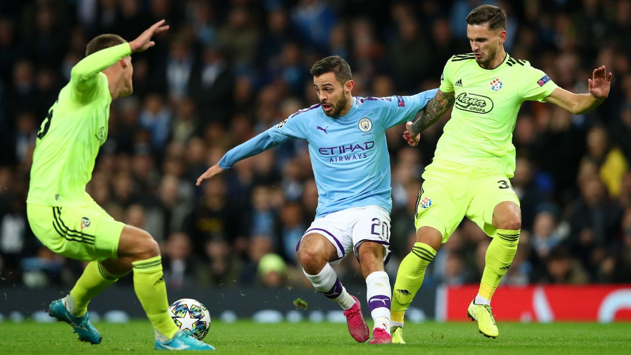 Man City midfielder Bernardo Silva in action against Dinamo Zagreb in the Champions League