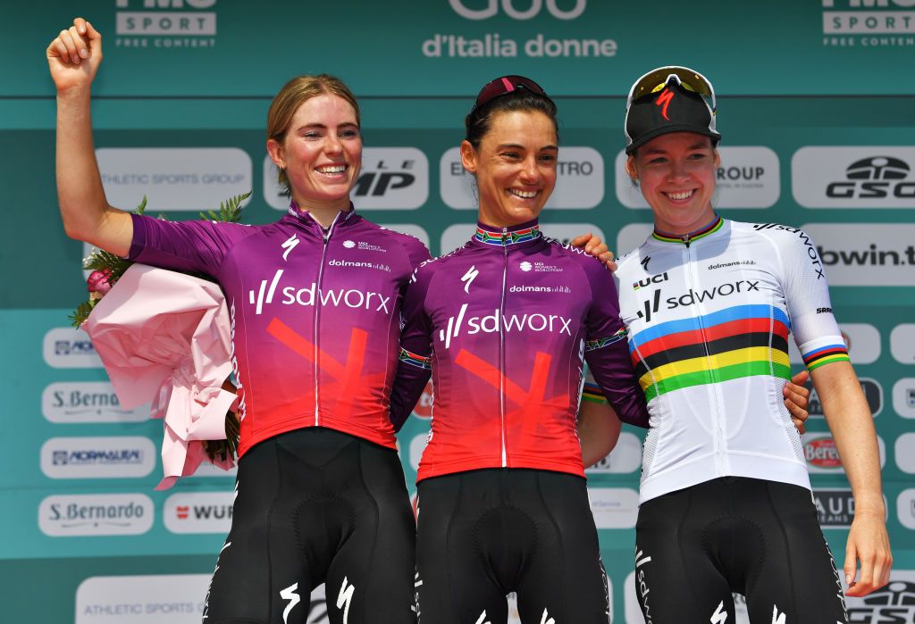 MONTE MATAJUR ITALY JULY 10 Demi Vollering of Netherlands Ashleigh Moolman Pasio of South Africa Anna Van Der Breggen of Netherlands and Team SD Worx celebrate at podium during the 32nd Giro dItalia Internazionale Femminile 2021 Stage 9 a 1226km stage from FelettoUmberto to Monte Matajur 1267m GiroDonne UCIWWT on July 10 2021 in Monte Matajur Italy Photo by Luc ClaessenGetty Images
